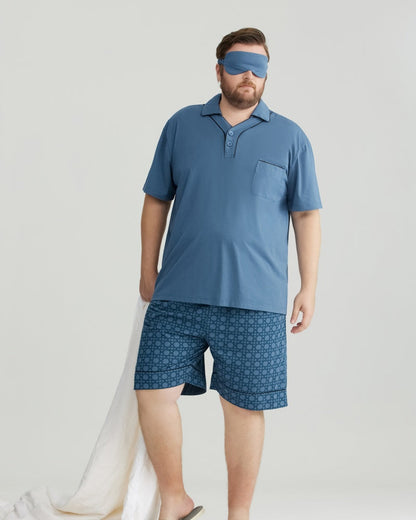 Blue Solid Top & Checkered Shorts RC Modal Pajama Set with Collar
