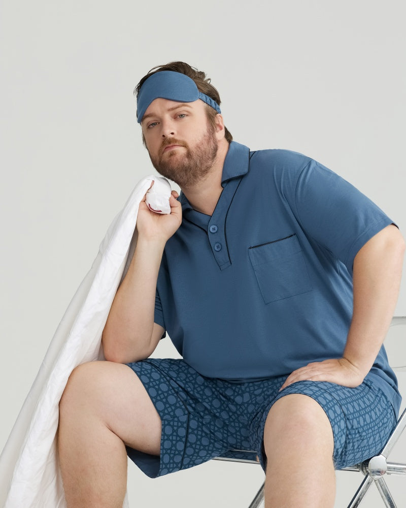 Blue Solid Top & Checkered Shorts RC Modal Pajama Set with Collar