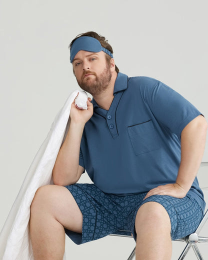 Blue Solid Top & Checkered Shorts RC Modal Pajama Set with Collar