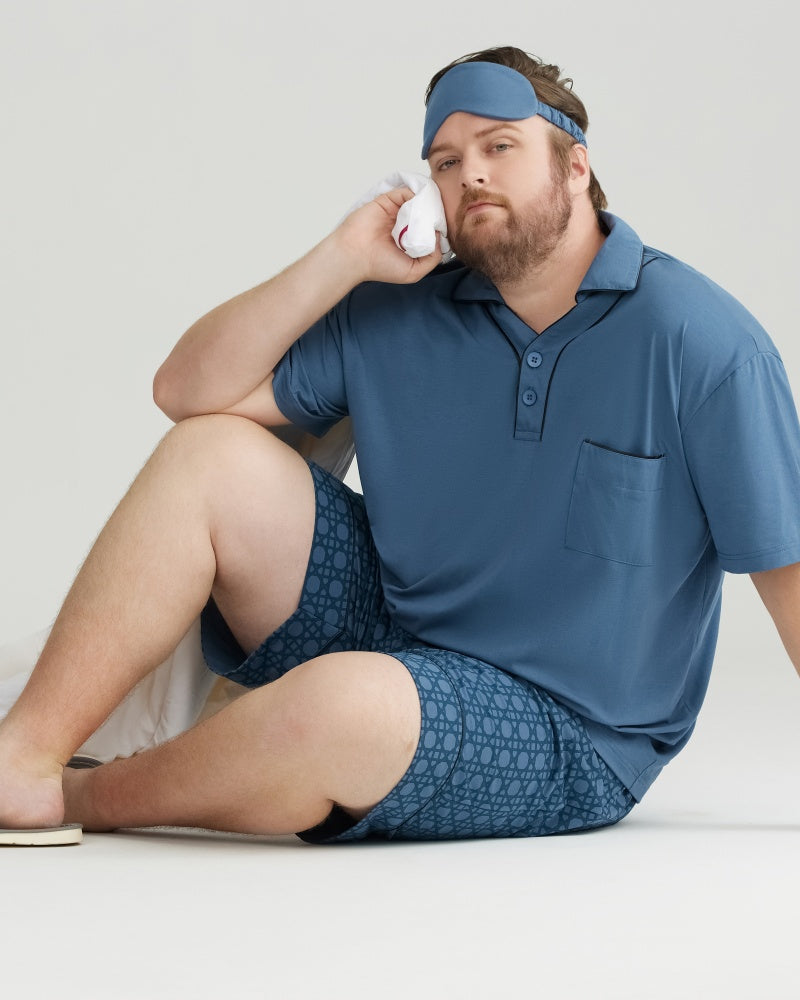 Blue Solid Top & Checkered Shorts RC Modal Pajama Set with Collar
