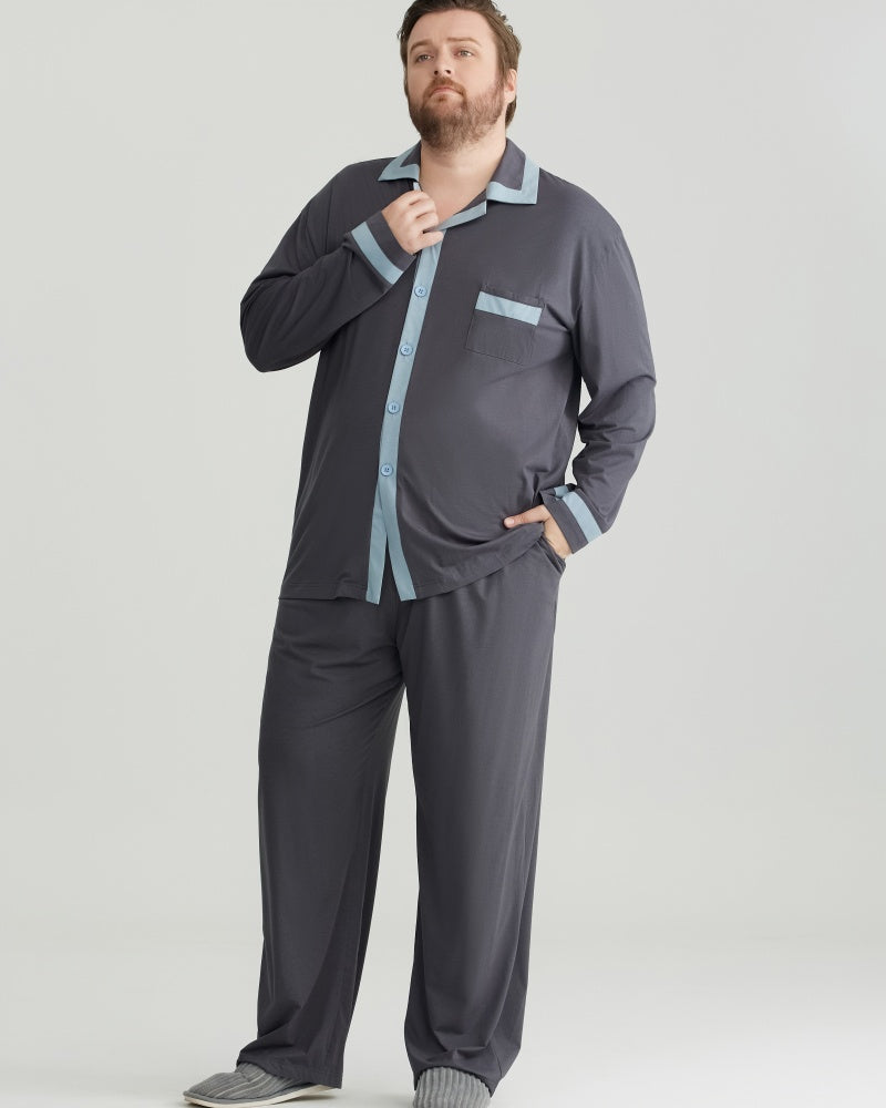 RC Modal Antimicrobial Protection Gray Contrast Trim Long Sleeves Pajamas Set