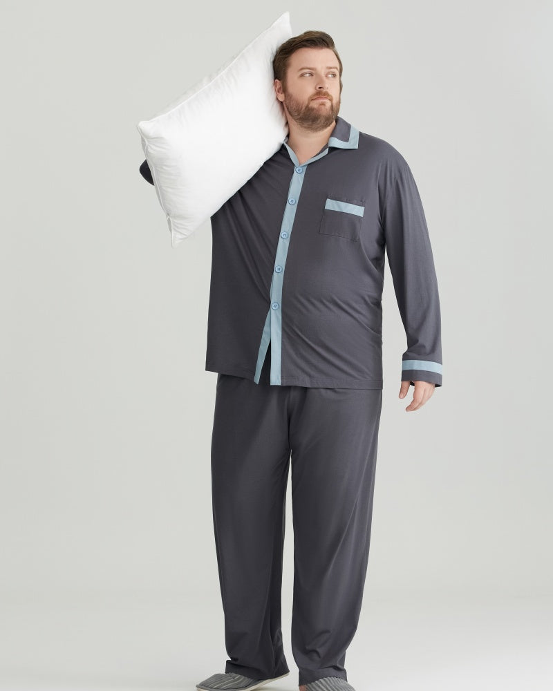 RC Modal Antimicrobial Protection Gray Contrast Trim Long Sleeves Pajamas Set
