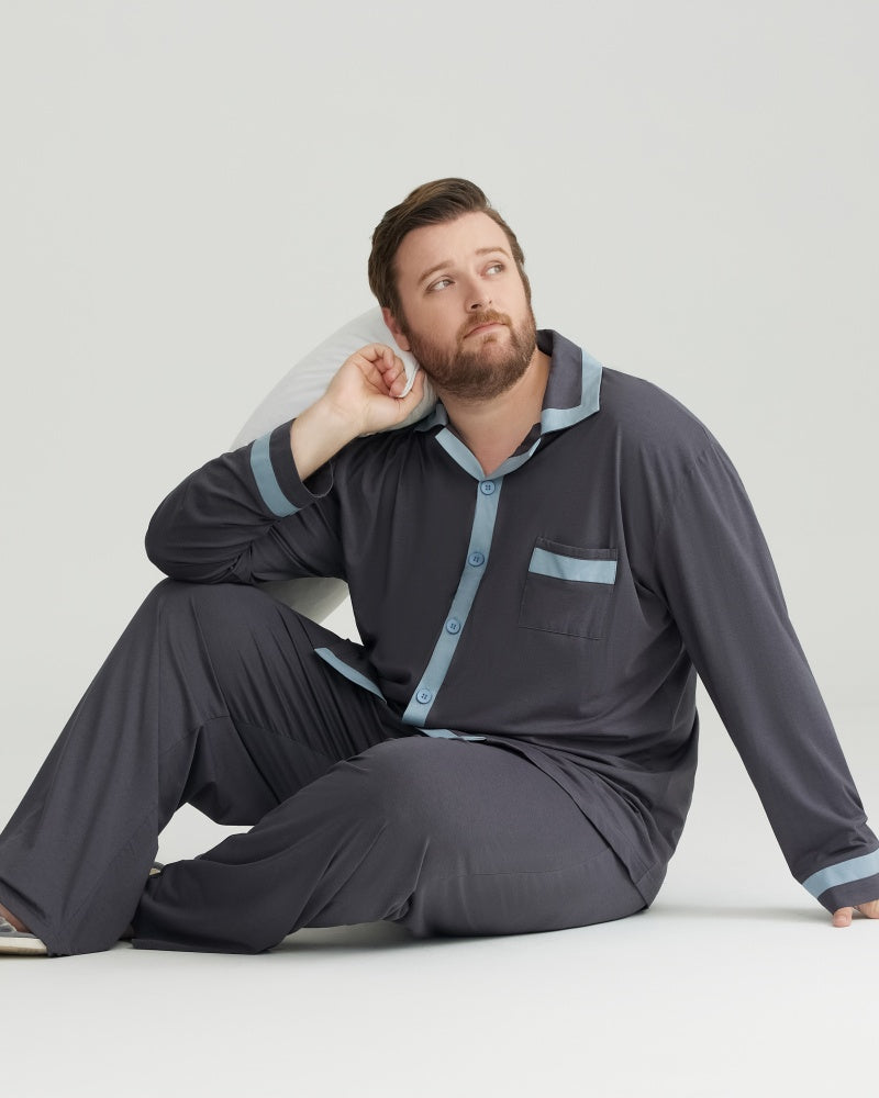 RC Modal Antimicrobial Protection Gray Contrast Trim Long Sleeves Pajamas Set