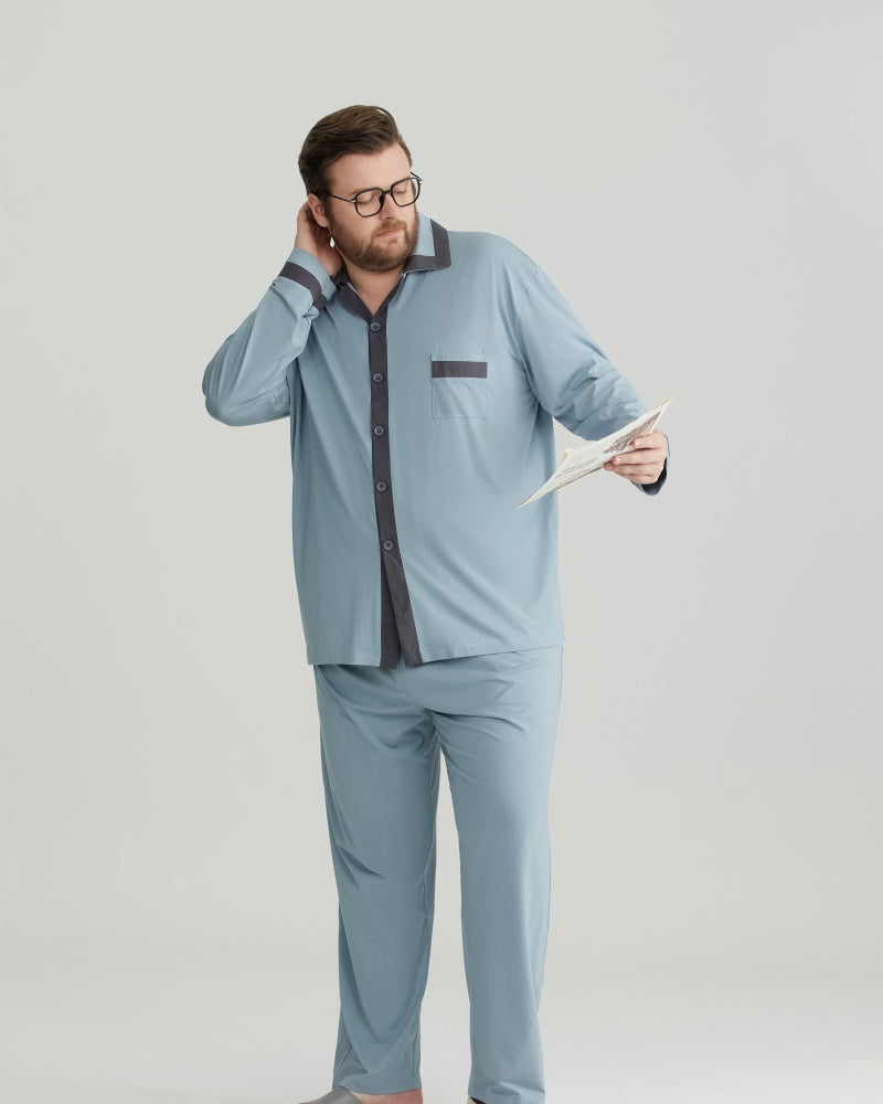 RC Modal Antimicrobial Protection Dusty Blue Contrast Trim Long Sleeves Pajamas Set