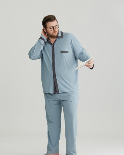 RC Modal Antimicrobial Protection Dusty Blue Contrast Trim Long Sleeves Pajamas Set