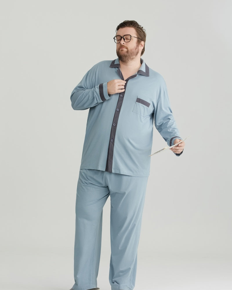 RC Modal Antimicrobial Protection Dusty Blue Contrast Trim Long Sleeves Pajamas Set