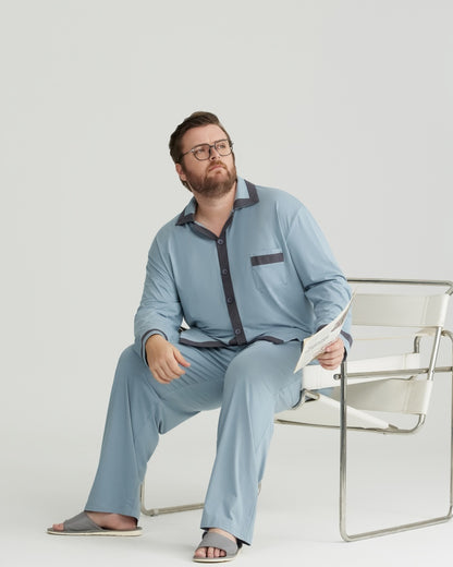 RC Modal Antimicrobial Protection Dusty Blue Contrast Trim Long Sleeves Pajamas Set