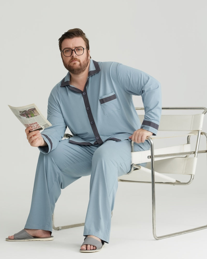RC Modal Antimicrobial Protection Dusty Blue Contrast Trim Long Sleeves Pajamas Set