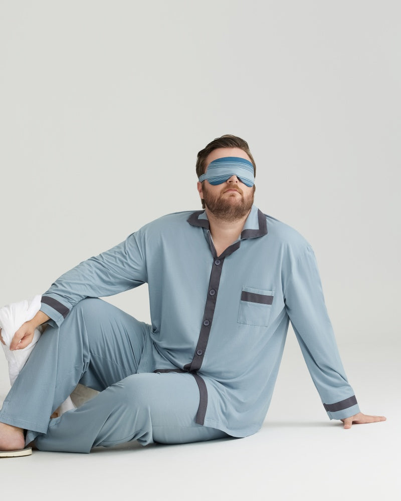 RC Modal Antimicrobial Protection Dusty Blue Contrast Trim Long Sleeves Pajamas Set