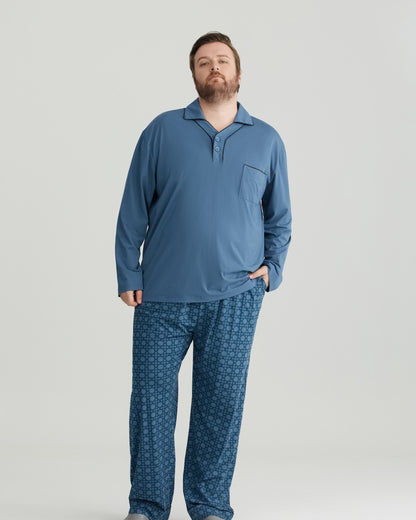 RC Modal Blue Solid Collared Top & Checkered Pants Long Sleeves Pajamas Set