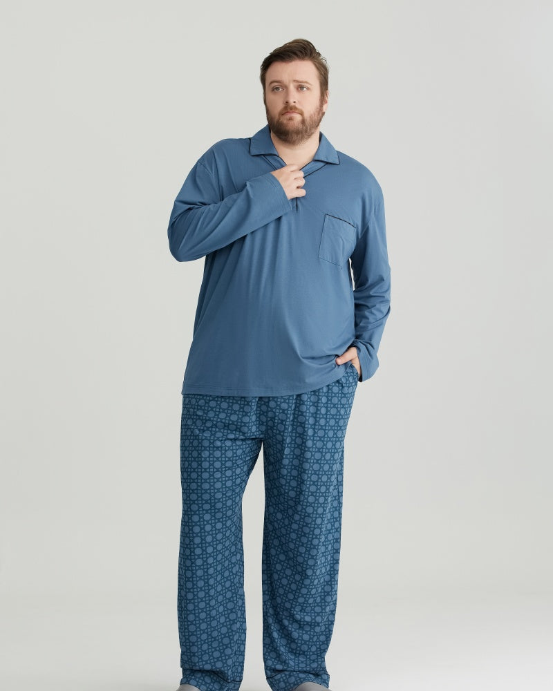 RC Modal Blue Solid Collared Top & Checkered Pants Long Sleeves Pajamas Set