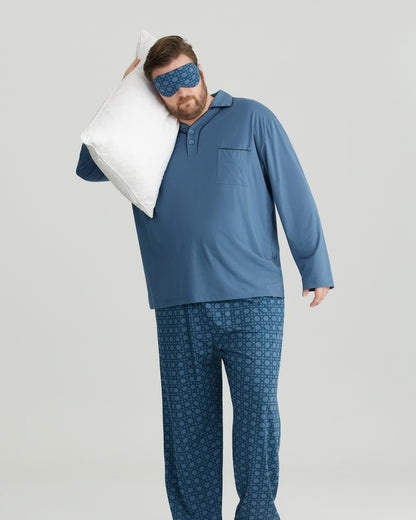 RC Modal Blue Solid Collared Top & Checkered Pants Long Sleeves Pajamas Set