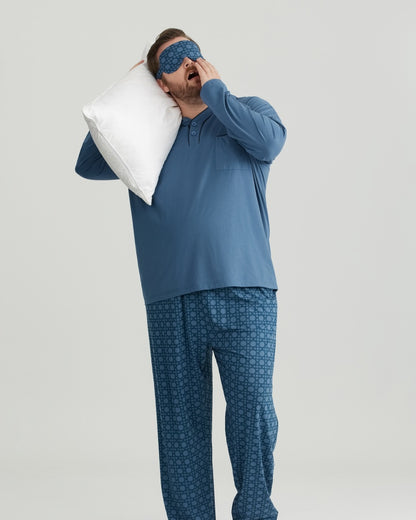 RC Modal Blue Solid Collared Top & Checkered Pants Long Sleeves Pajamas Set