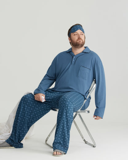 RC Modal Blue Solid Collared Top & Checkered Pants Long Sleeves Pajamas Set