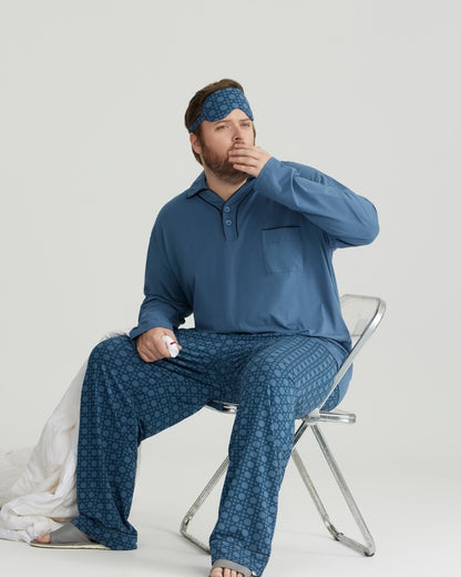 RC Modal Blue Solid Collared Top & Checkered Pants Long Sleeves Pajamas Set