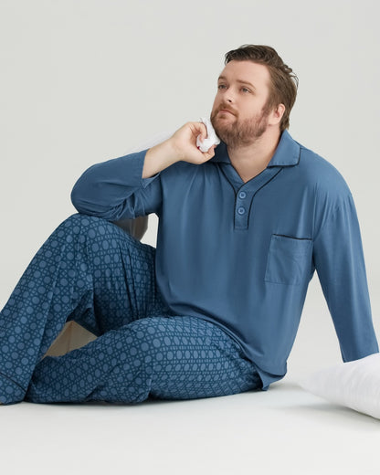 RC Modal Blue Solid Collared Top & Checkered Pants Long Sleeves Pajamas Set