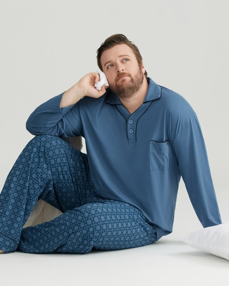 RC Modal Blue Solid Collared Top & Checkered Pants Long Sleeves Pajamas Set