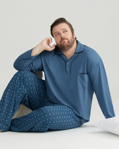 RC Modal Blue Solid Collared Top & Checkered Pants Long Sleeves Pajamas Set