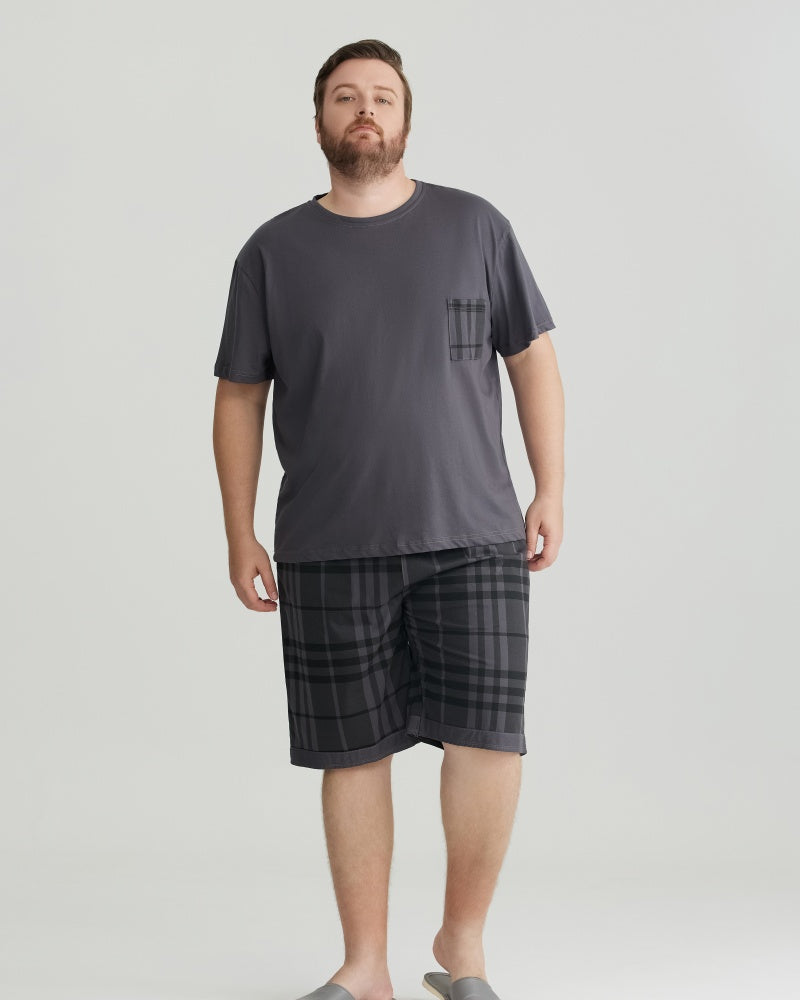 Silky-soft Combed Cotton Charcoal Plaid Short Sleeves Pajamas Set