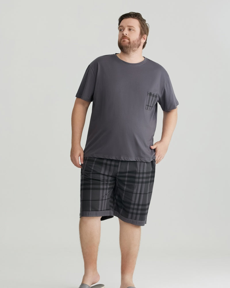 Silky-soft Combed Cotton Charcoal Plaid Short Sleeves Pajamas Set