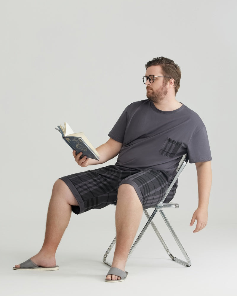 Silky-soft Combed Cotton Charcoal Plaid Short Sleeves Pajamas Set