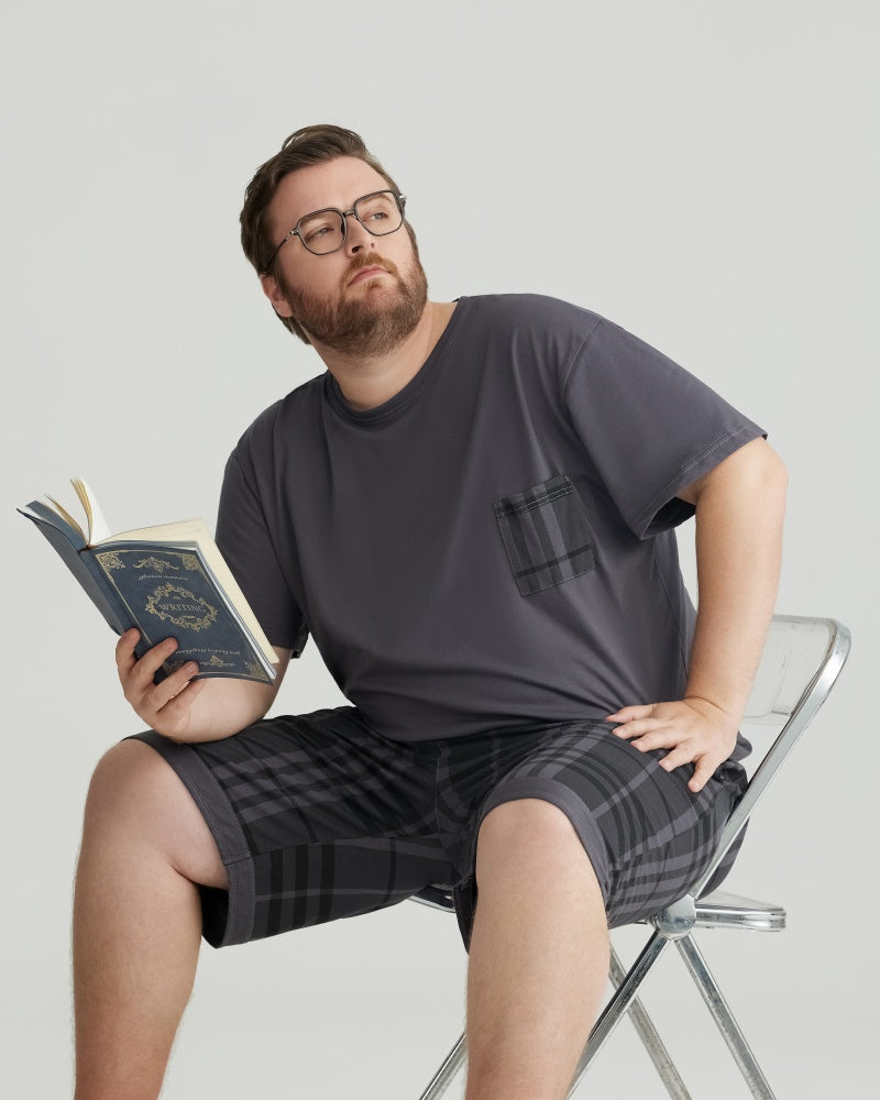 Silky-soft Combed Cotton Charcoal Plaid Short Sleeves Pajamas Set