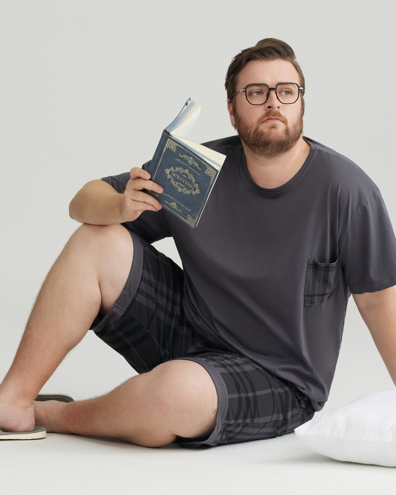 Silky-soft Combed Cotton Charcoal Plaid Short Sleeves Pajamas Set