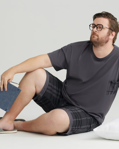 Silky-soft Combed Cotton Charcoal Plaid Short Sleeves Pajamas Set