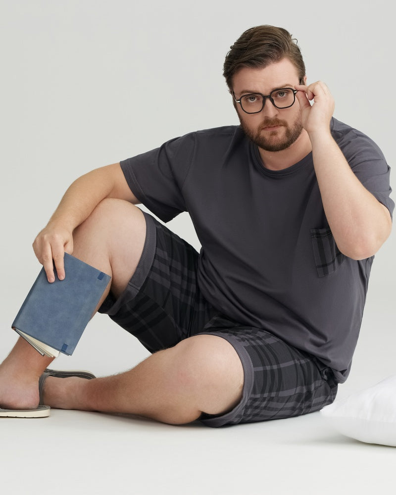 Silky-soft Combed Cotton Charcoal Plaid Short Sleeves Pajamas Set