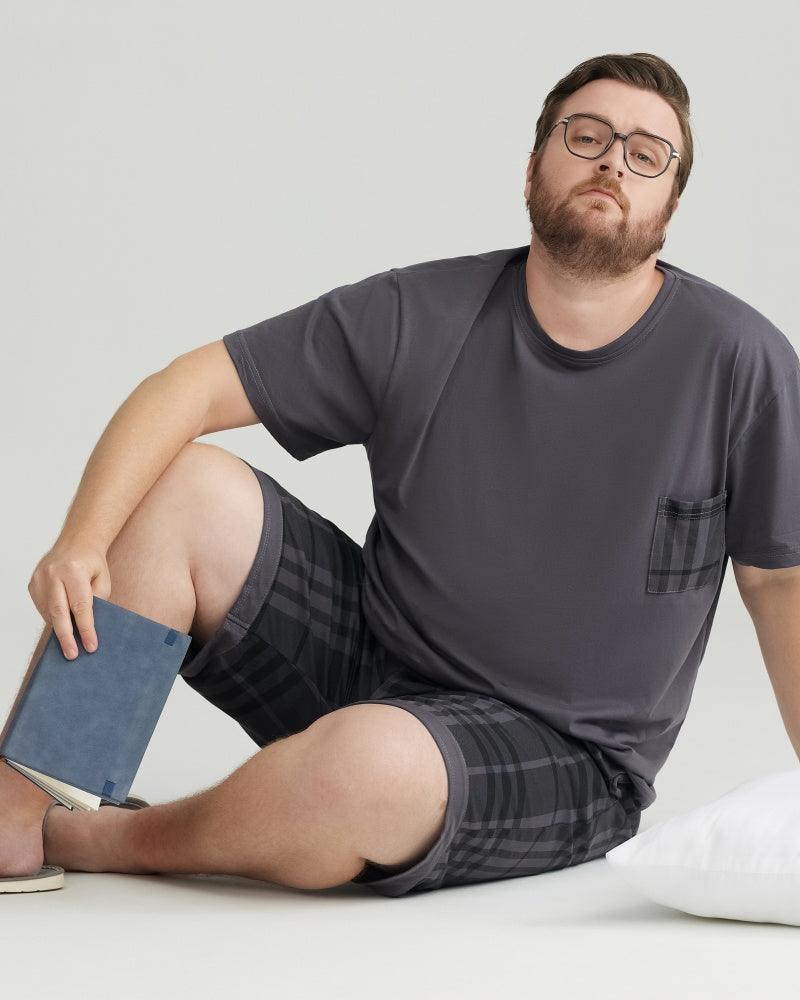 Silky-soft Combed Cotton Charcoal Plaid Short Sleeves Pajamas Set