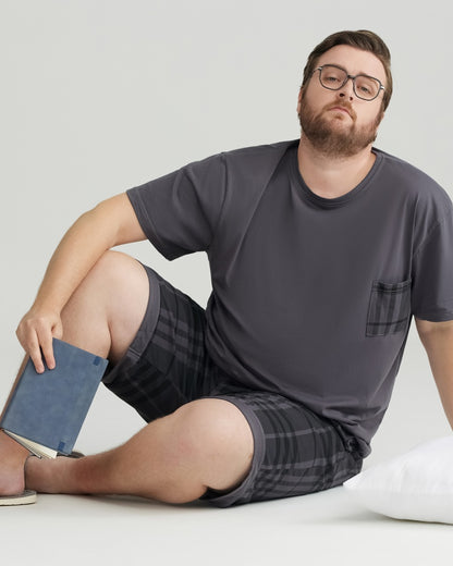 Silky-soft Combed Cotton Charcoal Plaid Short Sleeves Pajamas Set