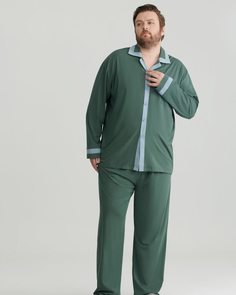 RC Modal Antimicrobial Protection Green Contrast Trim Long Sleeves Pajamas Set