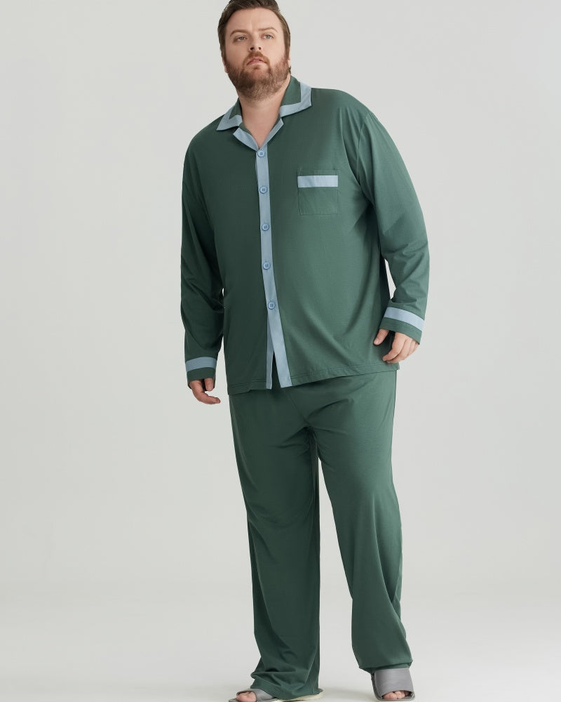 RC Modal Antimicrobial Protection Green Contrast Trim Long Sleeves Pajamas Set