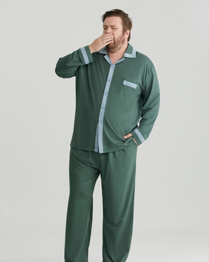 RC Modal Antimicrobial Protection Green Contrast Trim Long Sleeves Pajamas Set