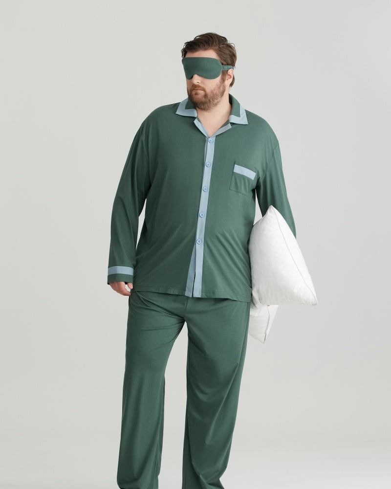 RC Modal Antimicrobial Protection Green Contrast Trim Long Sleeves Pajamas Set