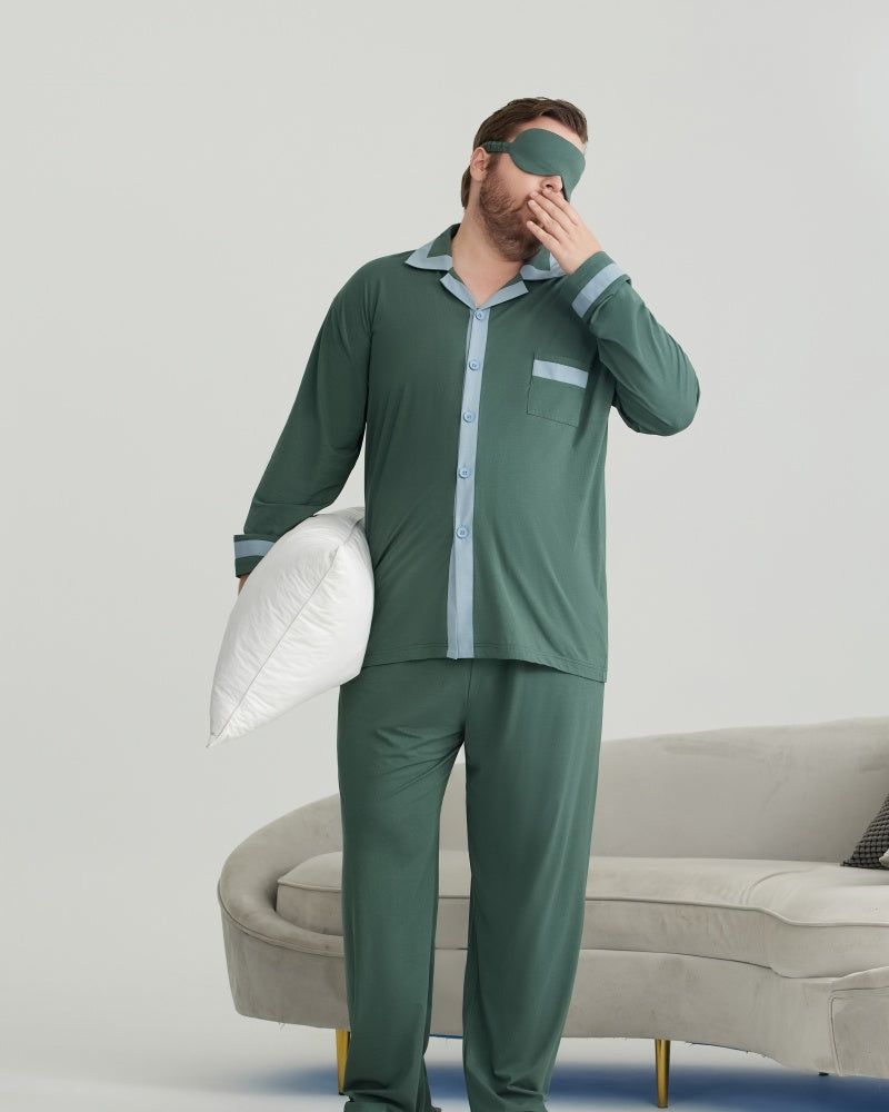 RC Modal Antimicrobial Protection Green Contrast Trim Long Sleeves Pajamas Set