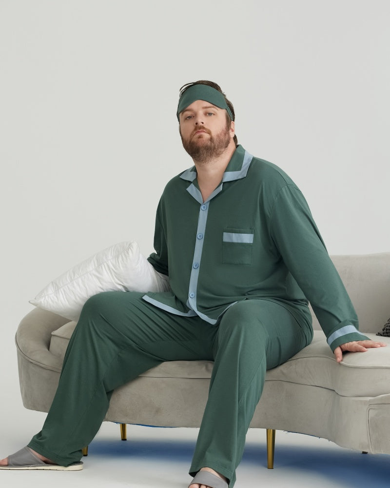RC Modal Antimicrobial Protection Green Contrast Trim Long Sleeves Pajamas Set