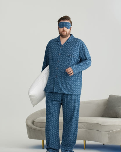 Deep Blue Checkered Pattern RC Modal Long Sleeves Pajamas Set