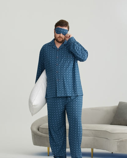 Deep Blue Checkered Pattern RC Modal Long Sleeves Pajamas Set