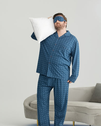 Deep Blue Checkered Pattern RC Modal Long Sleeves Pajamas Set