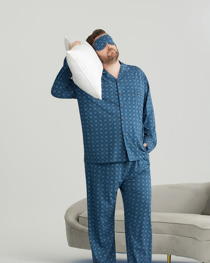 Deep Blue Checkered Pattern RC Modal Long Sleeves Pajamas Set