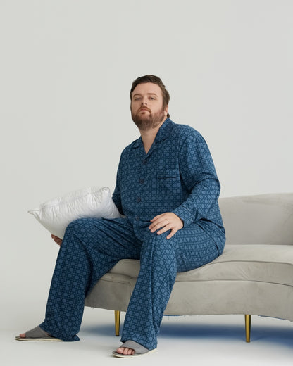 Deep Blue Checkered Pattern RC Modal Long Sleeves Pajamas Set