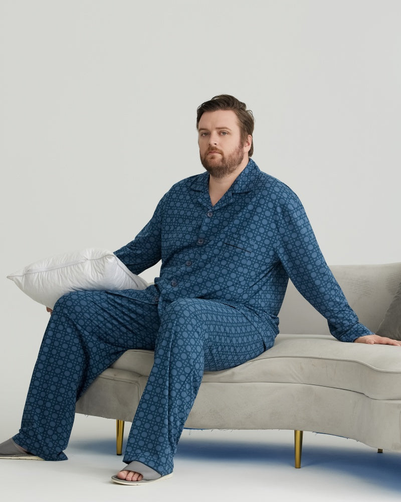 Deep Blue Checkered Pattern RC Modal Long Sleeves Pajamas Set