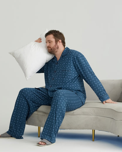 Deep Blue Checkered Pattern RC Modal Long Sleeves Pajamas Set