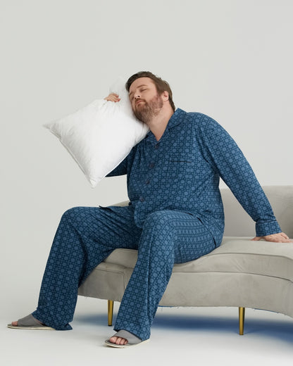 Deep Blue Checkered Pattern RC Modal Long Sleeves Pajamas Set