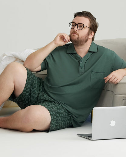 Green Solid Top & Checkered Shorts RC Modal Pajama Set with Collar