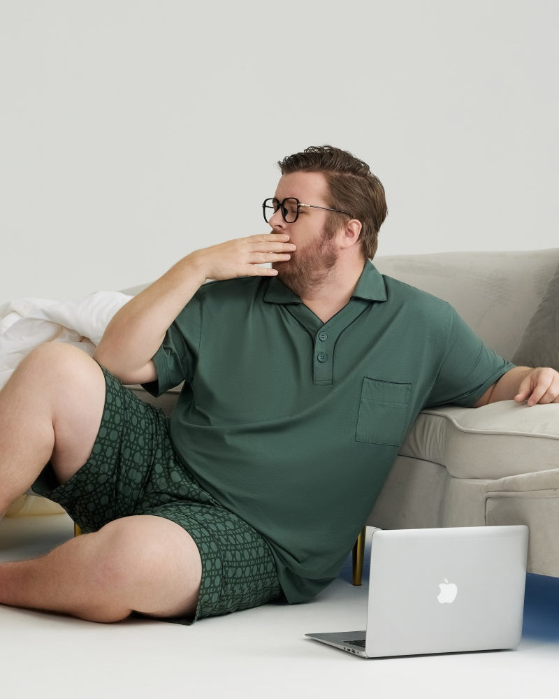 Green Solid Top & Checkered Shorts RC Modal Pajama Set with Collar