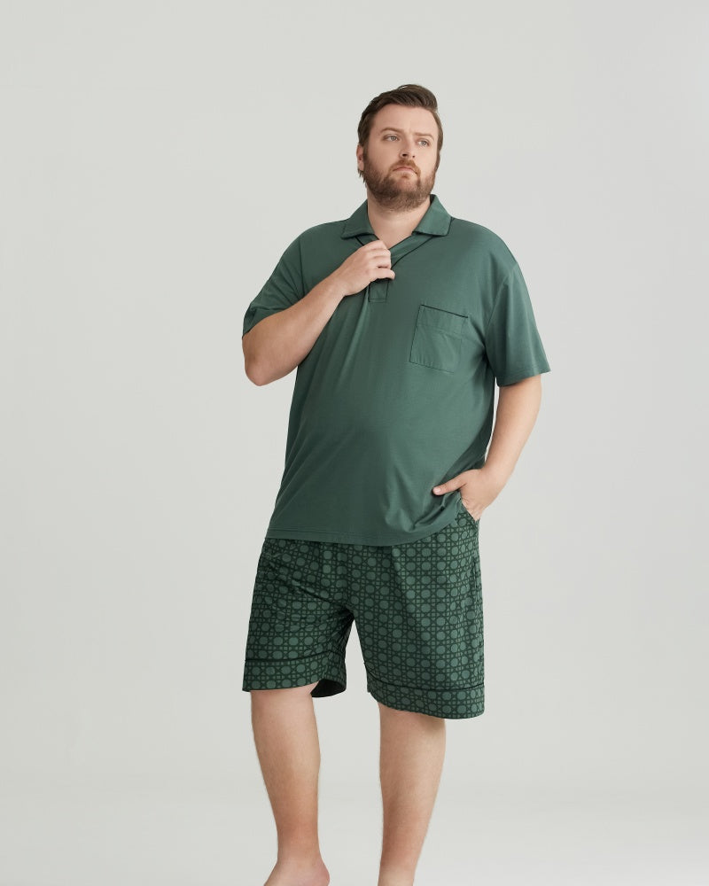 Green Solid Top & Checkered Shorts RC Modal Pajama Set with Collar