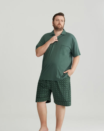 Green Solid Top & Checkered Shorts RC Modal Pajama Set with Collar