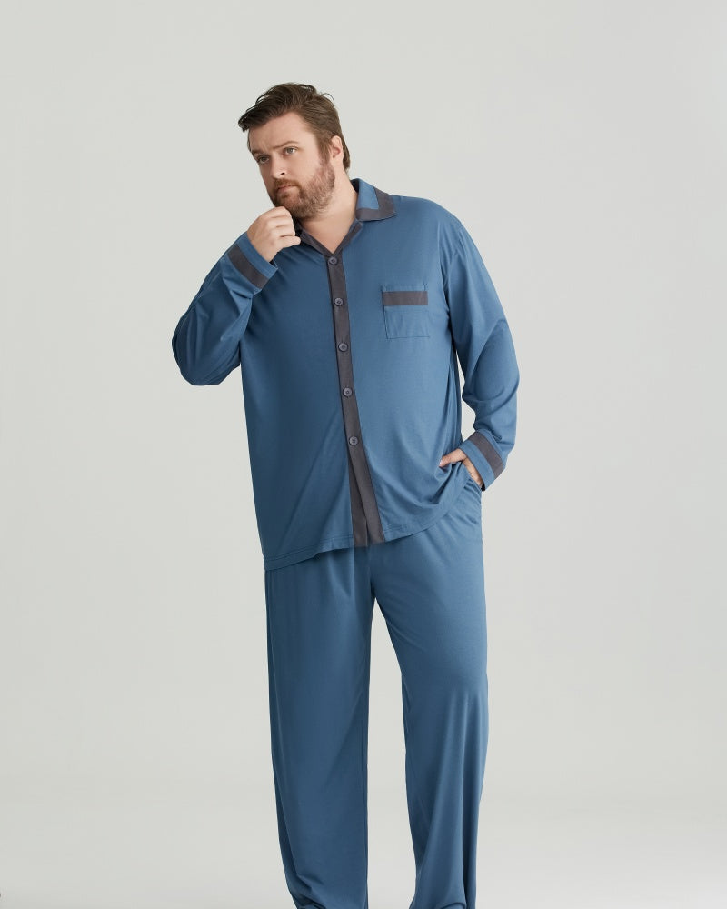 RC Modal Antimicrobial Protection Deep Blue Contrast Trim Long Sleeves Pajamas Set